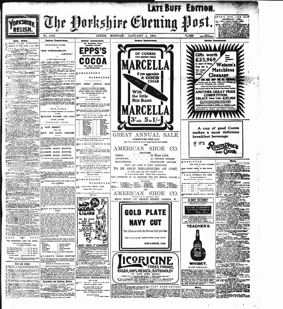 Front page of the Yorkshire Evening Post from 4 January 1904 